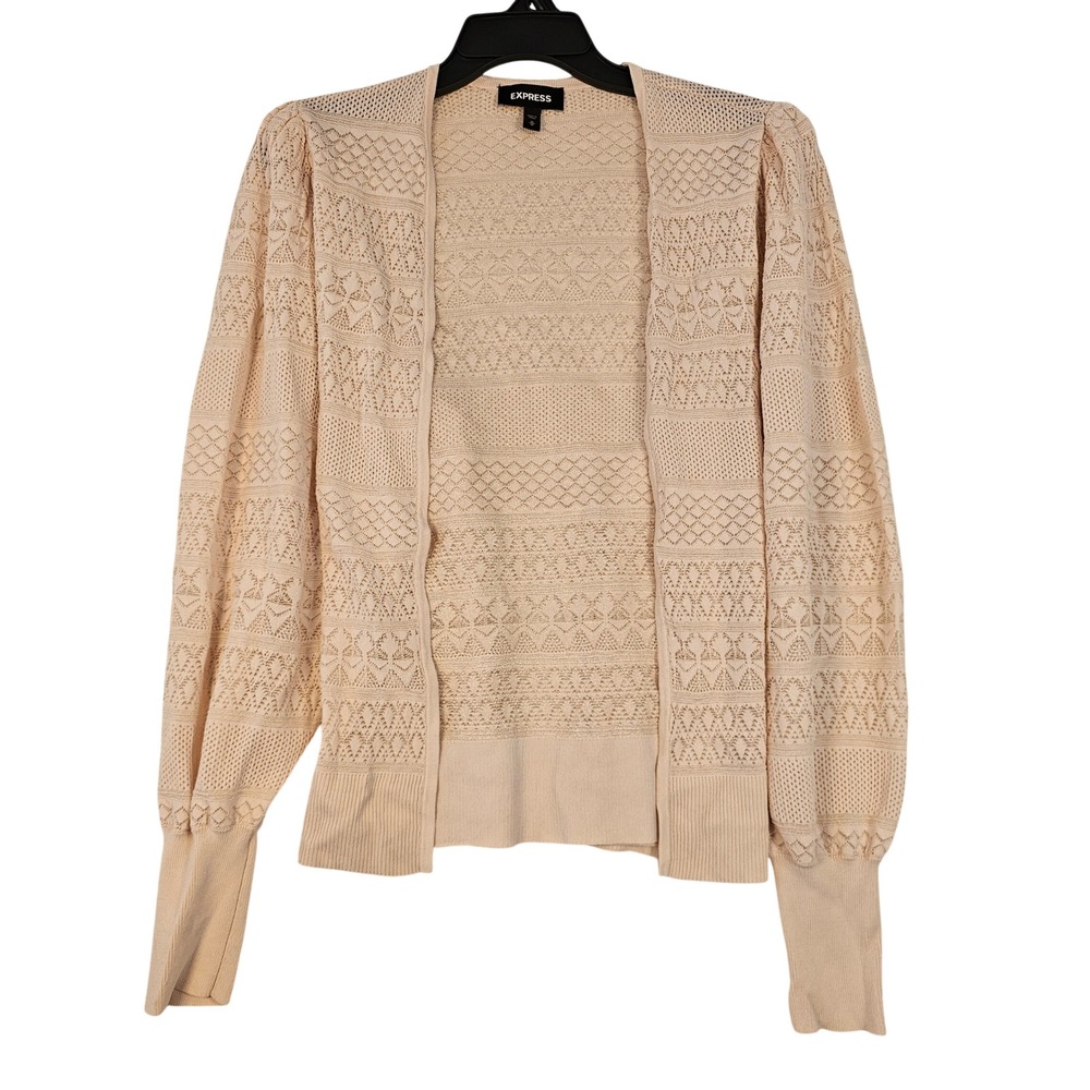 Express Womens Pointelle Knit‎ Cardigan Beige Puff Sleeve Open Front Sweater M